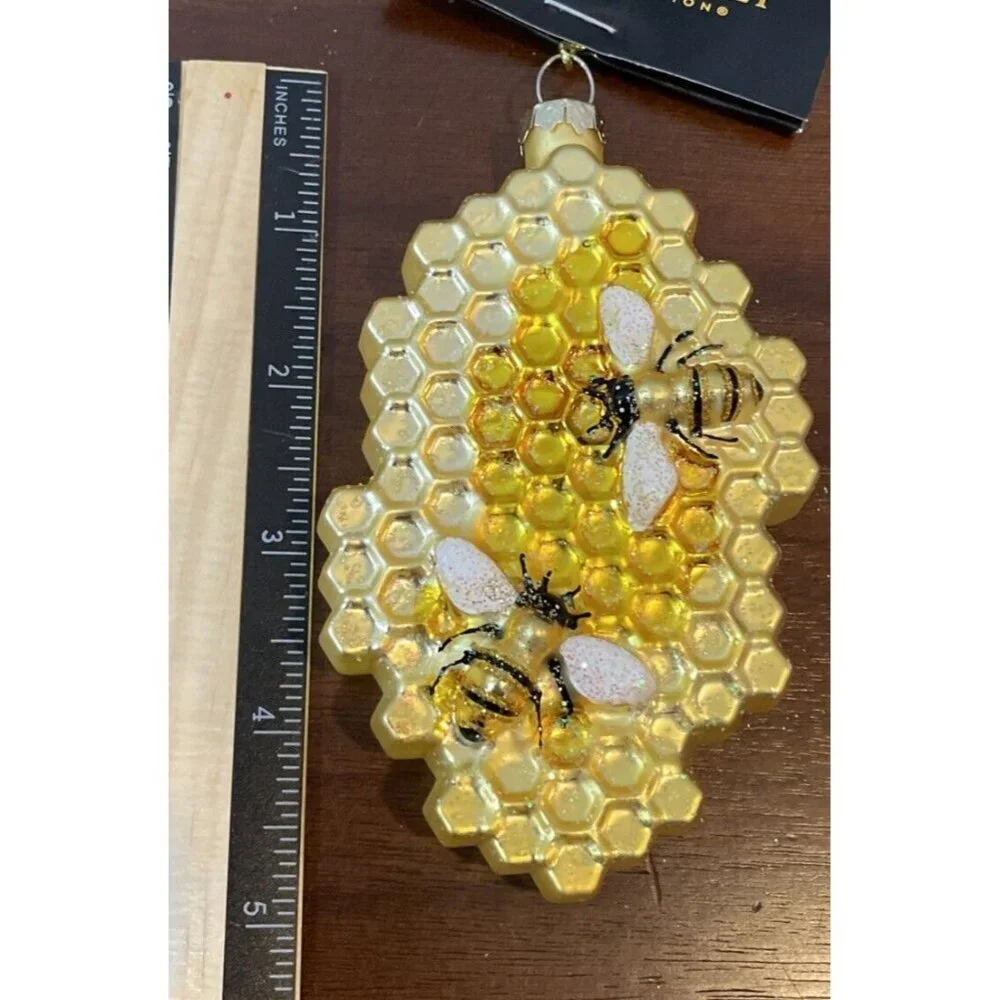 Robert Stanley Honeycomb Bee Glass Christmas Holiday Ornament‎ Gold Yellow NEW